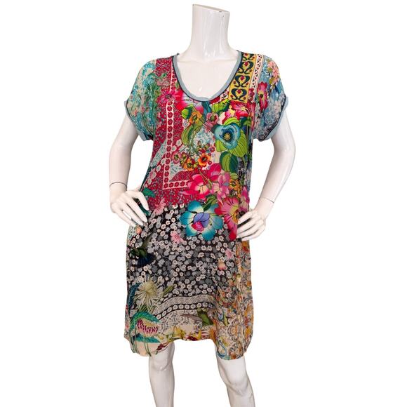 Johnny Was Tunic Dress Cupra Rayon Floral Birds Print A-Line Mini Size Small - Picture 3 of 7